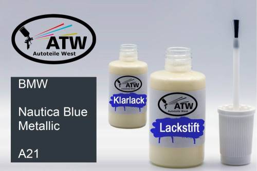 BMW, Nautica Blue Metallic, A21: 20ml Lackstift + 20ml Klarlack - Set, von ATW Autoteile West.